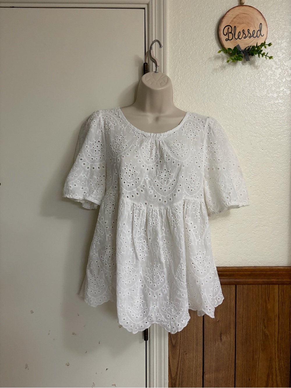 100% cotton White Eyelet Blouse with Scalloped Hem